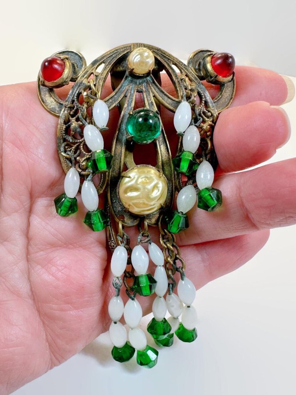 Art Nouveau, Dress Clip, Fur Clip, Antique, Glass, Green, Large, Vintage, Signed